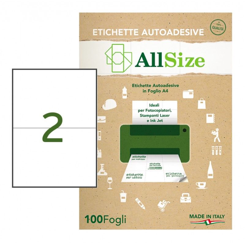 Etichette autoadesive bianche Allsize A4 SM410 210×148 mm (2 etichette per foglio) Blister da 100 fogli