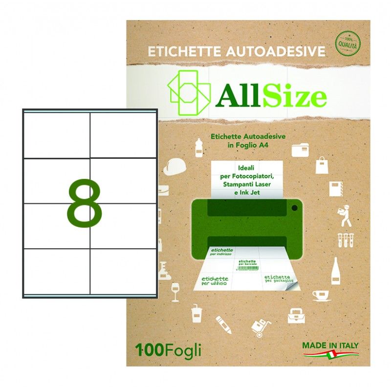 Etichette autoadesive bianche Allsize A4 SM413 105×74 mm (8 etichette per foglio) Blister da 100 fogli